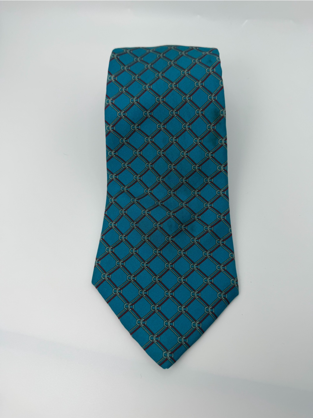 Vintage Saks Fifth Avenue 100% Silk Tie Turquoise Geometric Lattice Pattern USA